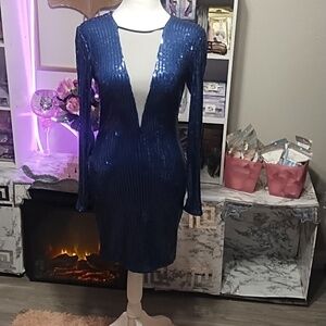 bebe Royal Blue Sequin Long-Sleeve V-Neck Dress